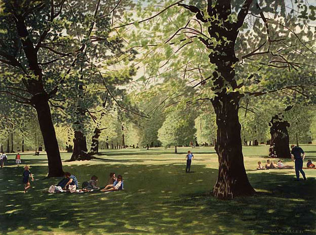 Watercolour and prints of a Summer scene in a London park with picnickers.